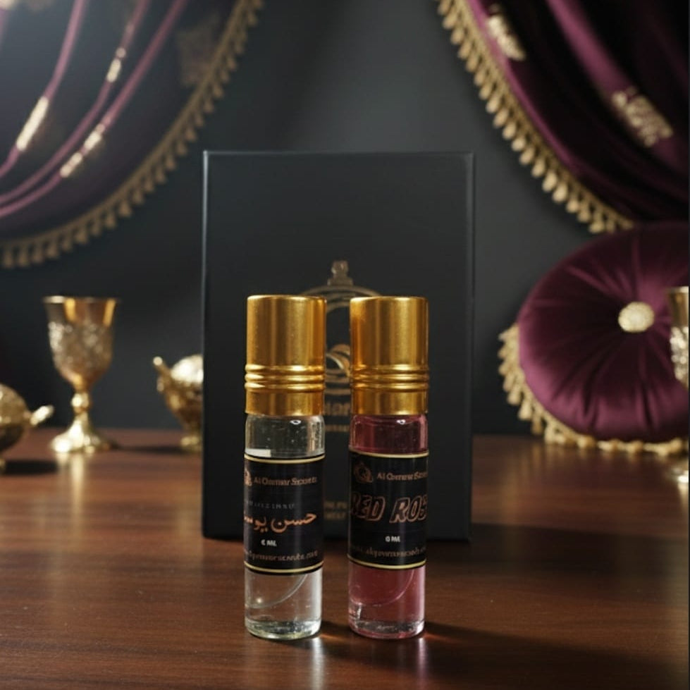 Two perfume bottles with gold caps on a wooden surface with decorative background